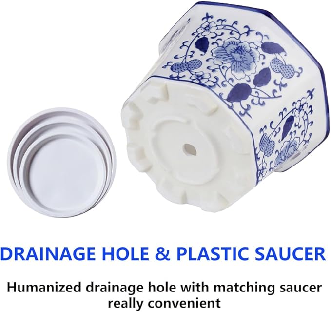 Ceramic Planter, Chinoiserie Decor Ceramic Flower Pots Plant Pots Indoor with Drainage for Orchid Succulent or Small Plants, Blue and White, Set of 3