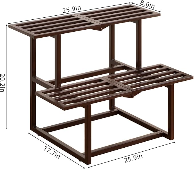 Metal Plant Stand Indoor, Outdoor Iron Plant Shelf, Heavy Duty Slatted Display Shelf for Patio Balcony Garden Living Room Load Bearing 330 LB 26" L x 20.2" H x 17.7" W 2 Tier Coffee