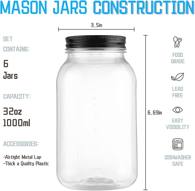 novelinks 32 oz Plastic Food Storage Jars with Metal Lids – 6 Pack BPA-Free Clear Airtight Containers for Pantry, Spices, Snacks, Kitchen & Bathroom Organization – Leak-Proof Reusable Jars (Black)