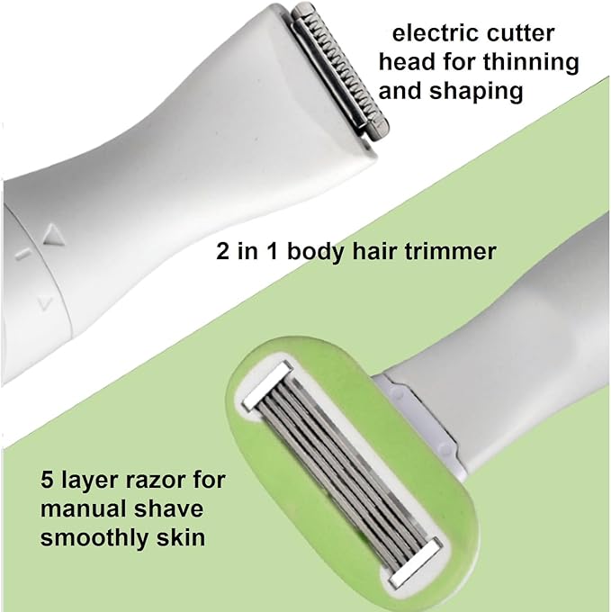 2-in-1 Pubic Hair Trimmer for Women & Men,Electric Bikini Shaver with Thinning Clipper & Manual Safety Razor,Painless Body Haircut Remover for Intimate Area,Armpit,Leg,Battery Operated