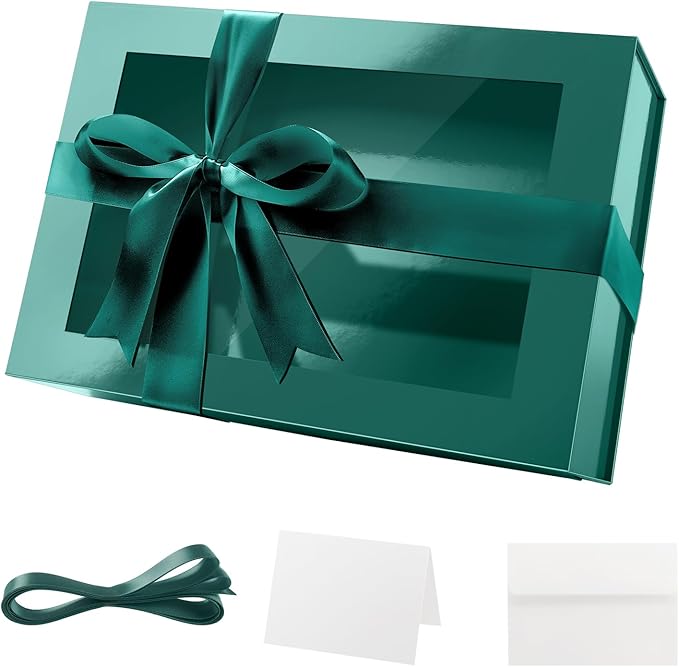 PACKQUEEN Large Green Christmas Gift Box with Window, 13.5x9x4.1 Inches Clear Gift Box for Present Contains Ribbon, Card, Groomsman Proposal Box with Magnetic Lid (Glossy Green)