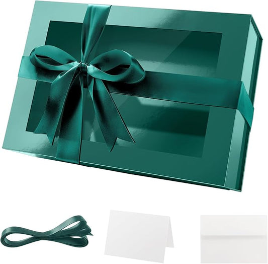 PACKQUEEN Large Green Christmas Gift Box with Window, 13.5x9x4.1 Inches Clear Gift Box for Present Contains Ribbon, Card, Groomsman Proposal Box with Magnetic Lid (Glossy Green)