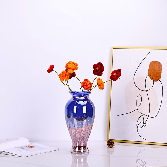 Blown Glass vase, Unique Glass vase, Colorful Bottle Decorative vase for Home Living Room Dining Table re Office Wedding entryway Desktop Decorative Flower vase. (Blue)