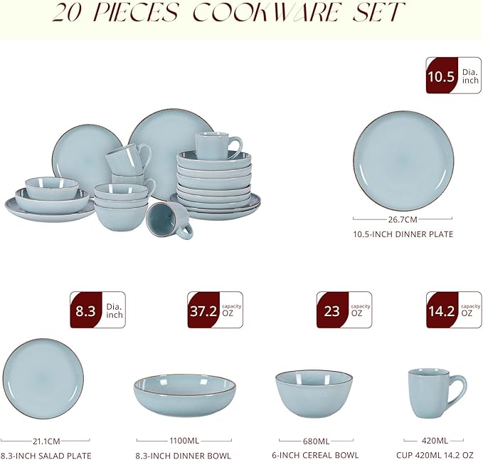 Stoneware Euro-Nordic 20pc Dinnerware Set, Shiny Light Blue with Speckle Effect