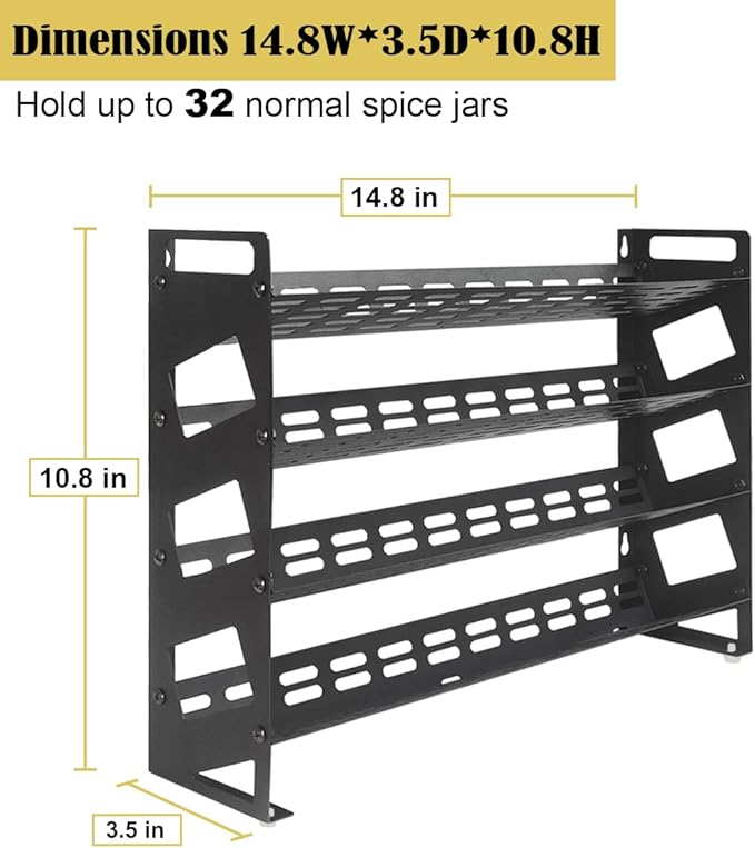 4 Tier Spice Rack Organizer with 32 Square Spice Jars and 160 Spice Labels Set for Kitchen Cabinet Countertop Pantry or Wall Mount, Matte Black
