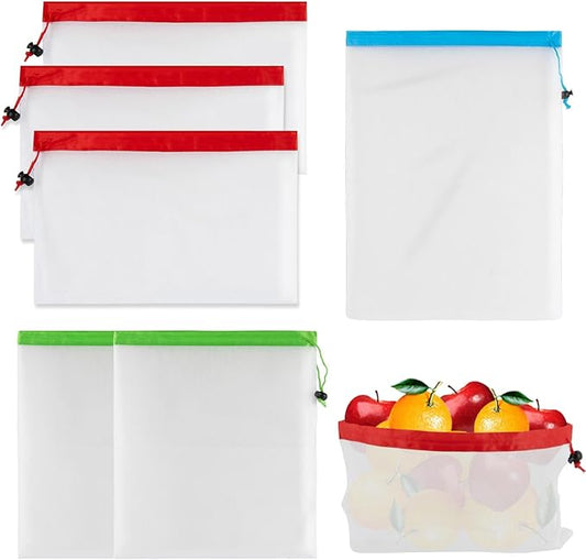 MAQIHAN 6pcs Reusable Produce Bags - Mesh Produce Bags Drawstring Reusable Washable Vegetable Storage Bags Refrigerator Keep Fresh Grocery Food Fruits Veggie Green Net Bag Toy Storage Zero Waste Shop