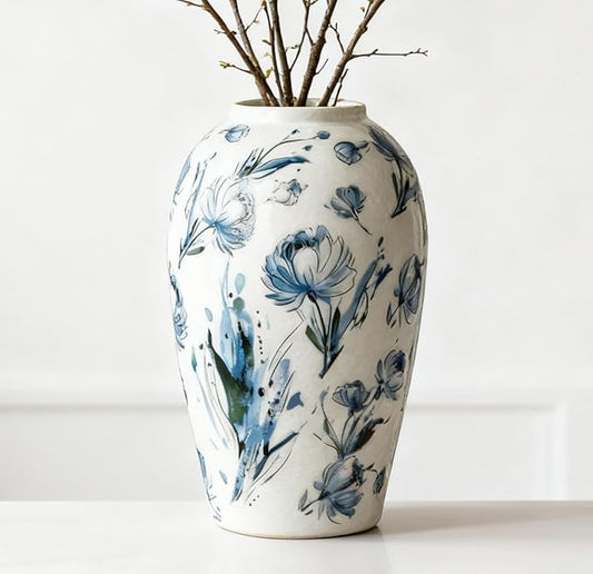 Ceramic Vintage Flower Vase, 9.8 Inch White and Blue Rustic Vases for Home Decor, Handcrafted Farmhouse Tall Vases for Living Room, Table, Bathroom, Chinoiserie Decoration