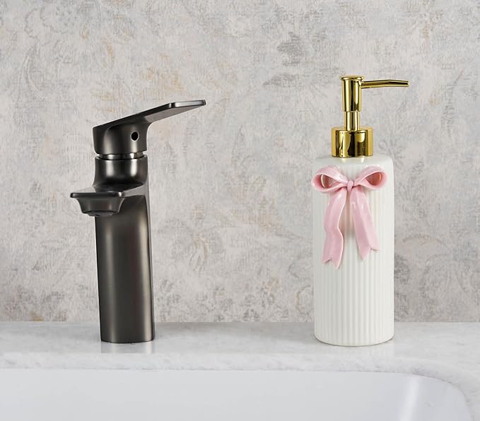 Handmade Ceramic Bow Soap Pump Dispenser Hand Lotion Liquid Dispenser Refillable for Kitchen and Bathroom Decorative (Ribbon Pink)