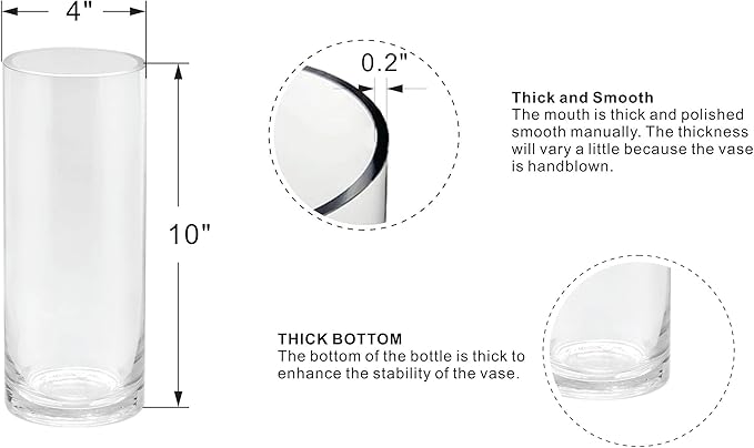 4" Wide 10" High Large Hand Blown Sturdy Clear Cylinder Glass Vase, Centerpiece Flower Vase for Rose, Tulip, Boquets, Hurricane Candle Holder (1, 4"x10")