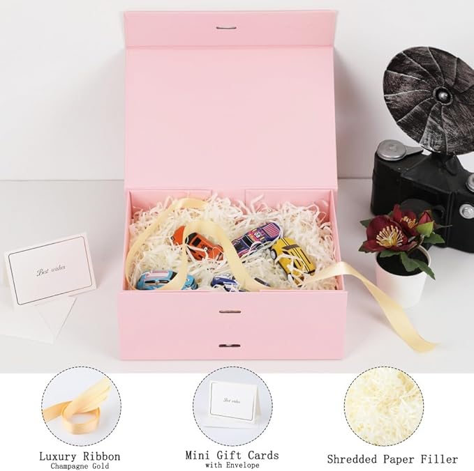 BoxSkivra Pink Gift Box with Shredded Paper 1 Pack 9.5X7X4 Inch Small Magnetic Gift Box with Lid Rectangle Collapsible Luxury Box with Ribbon for Presents Crinkle Cut Paper Shred with Card