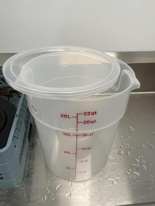 22 Qt Commercial Food Storage Container with Lid Set - Round Translucent Polypropylene with Red Graduations, NSF Listed, BPA-Free for Restaurant Kitchen Organization (4)