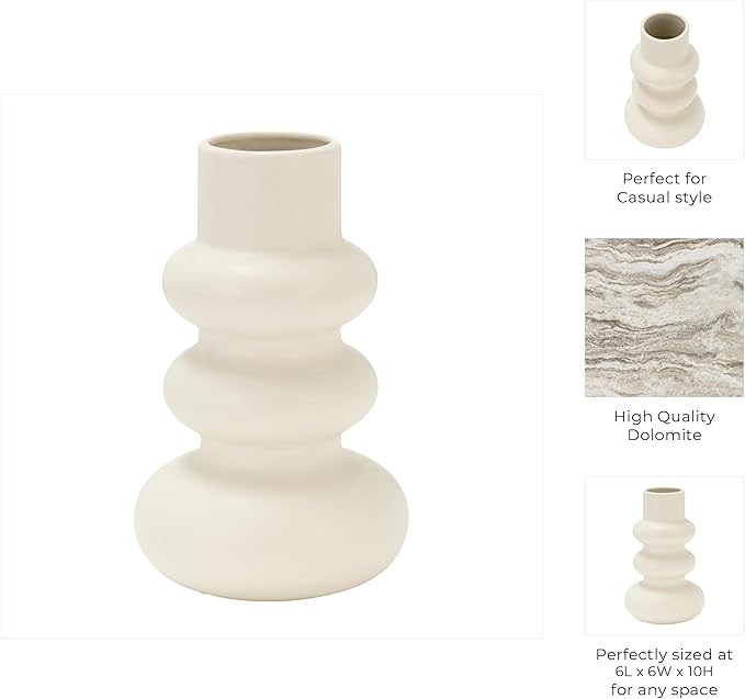 Sagebrook Home Stoneware Decorative Vase - Modern Sculptural Dolomite Flower Holder for Home & Office - 10" Ivory