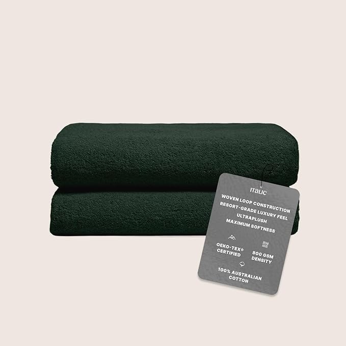 Italic Ultraplush 100% Australian Cotton Towels - Set of 2 Luxury Bath Towels, Quick Dry Plush and Absorbent, Heavy Duty Large Bath Towels, 800GSM for Bathroom & Spa (Deep Forest)