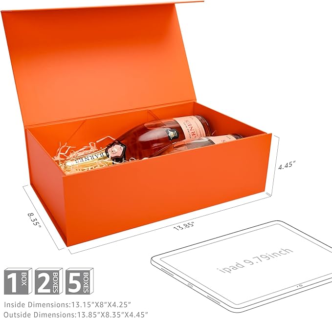 LIFELUM Gift Boxes Bulk, 13.85 x 8.35 x 4.45 inch 1 Pack Orange Gift Boxes with Lids Contains Card, Ribbon, Shredded Paper Filler Gift Boxes for Birthdays, Baby Shower, Bridal Gifts,Weddings