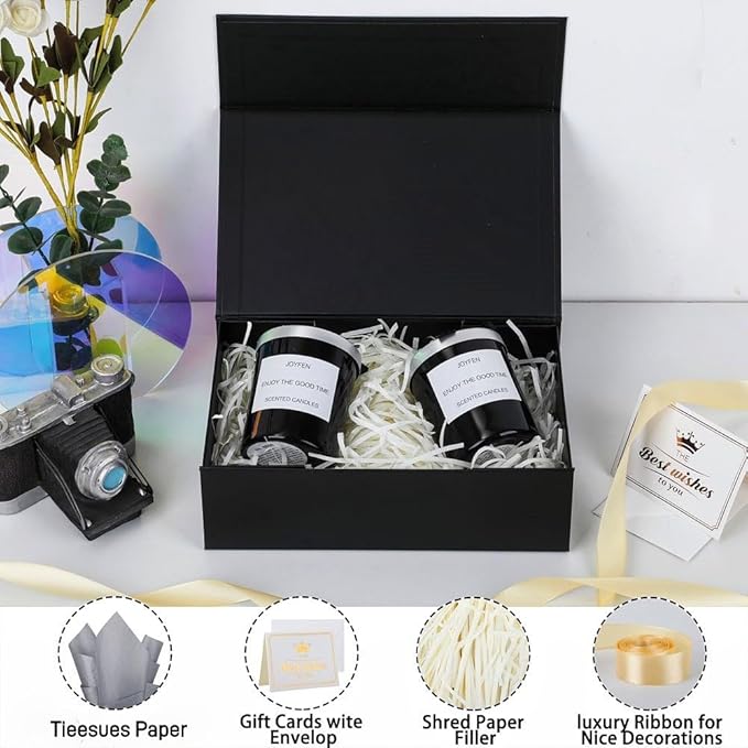 UoeRing 1 Pcs Black Gift Box 9.5x6x3 inch Small Luxury Gift Box for Presents with Magnetic Lid Collapsible,Birthday,Christmas,Contains Card, Ribbon, Tissue Paper,Shredded Paper Fille