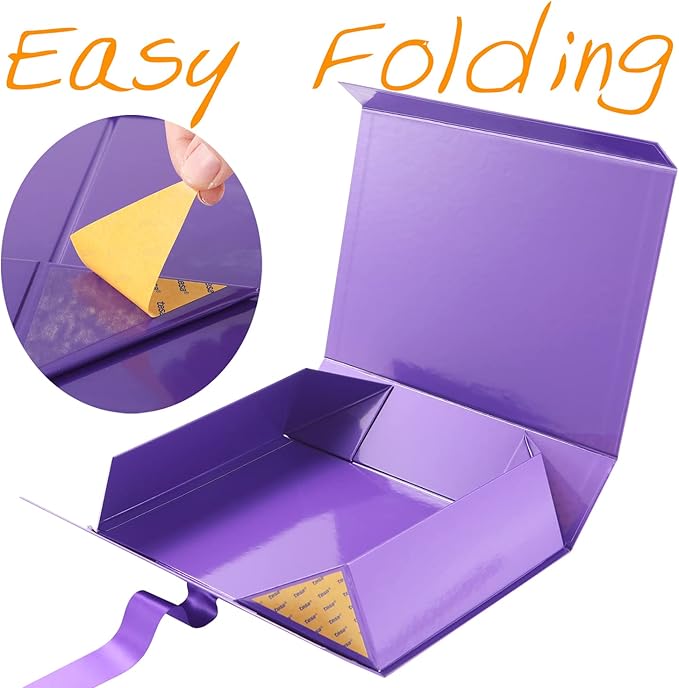 GREEN BEAN Large Gift Box with Lid for Presents 13x9.7x3.4 Inches, Purple Magnetic Gift Box with Ribbon, Bridesmaid Proposal Box (Glossy Purple)
