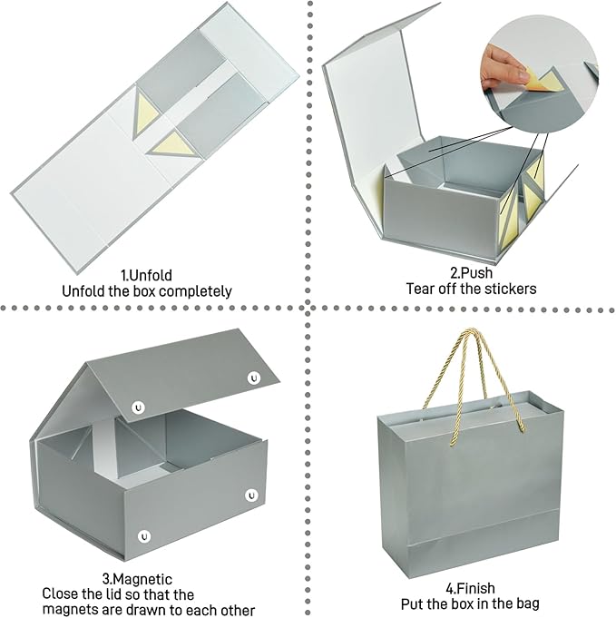 Elegant Gift Boxes with Gift Bag for Presents with Lids Magnetic Closure Rectangle Collapsible for Christmas, Halloween, Birthday,Valentine's Day's Gift Packging (Silver)