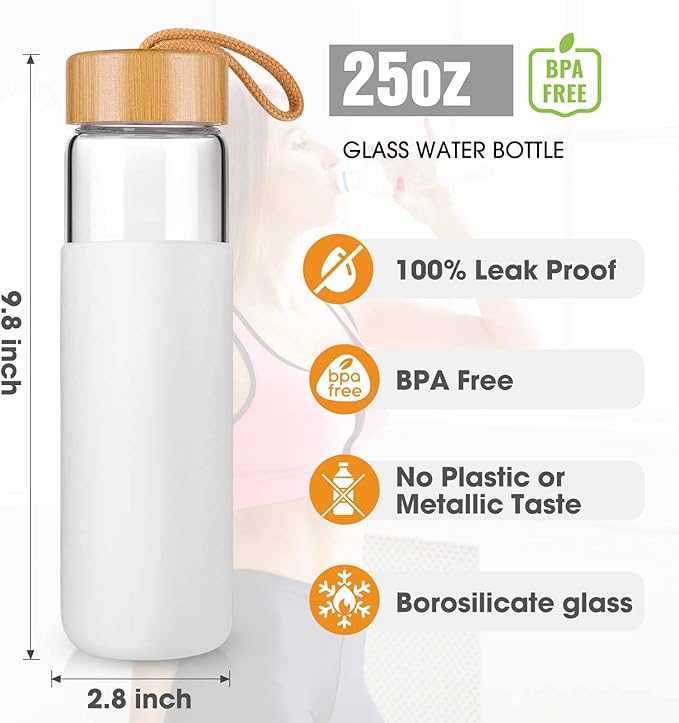25 Oz Borosilicate Glass Water Bottles with Silicone Sleeve BPA Free, Dishwasher Safe - Reusable Clear Glass Drinking with Leak Proof Bamboo Lid | Perfect Gym Water Bottles for Men & Women