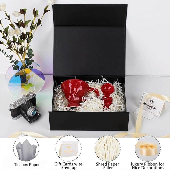 UoeRing 1 Pcs Black Gift Box 11.5x8x4 inch Luxury Gift Box for Presents with Magnetic Lid Collapsible,Birthday,Christmas,Contains Card, Ribbon, Tissue Paper,Shredded Paper Fille