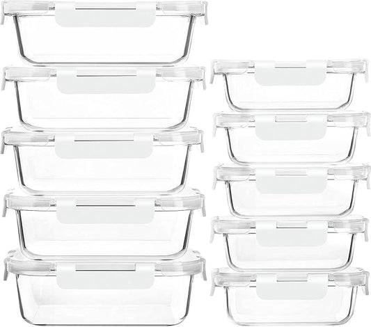 [10-Pack]Glass Meal Prep Containers with Lids, MCIRCO Glass Food Storage Containers with Snap Locking Lids, Airtight Lunch Containers, Microwave, Oven, Freezer and Dishwasher, White
