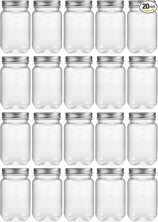novelinks 16 oz Clear Plastic Jars with Screw-On Lids - BPA-Free Refillable Storage Containers for Slime, Food, Crafts, Kitchen & Household Use (20 Pack,Silver)