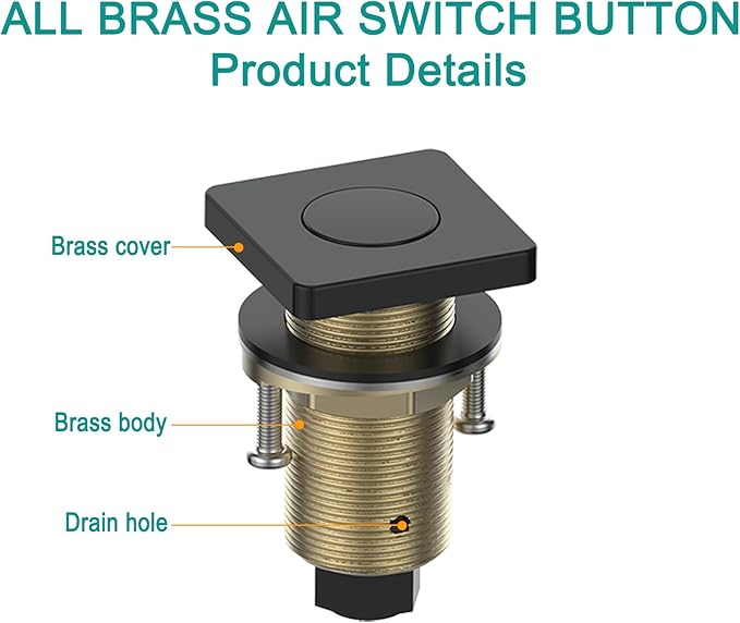 KANARY Square Garbage Disposal Air Switch Kit, Sink Top Air Push Brass Button for Waste Disposer, Safe for Wet Hands Food(Matte Black)