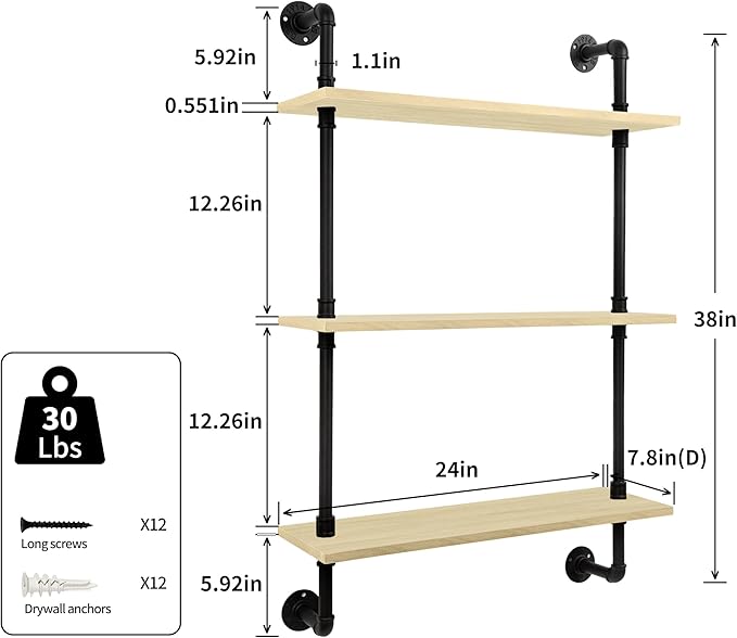 3-Tier Industrial Pipe Floating Shelf – Rustic 24 inch Wood Wall-Mounted Storage Shelf for Kitchen Office,Bathroom & Home Decor -White Oak