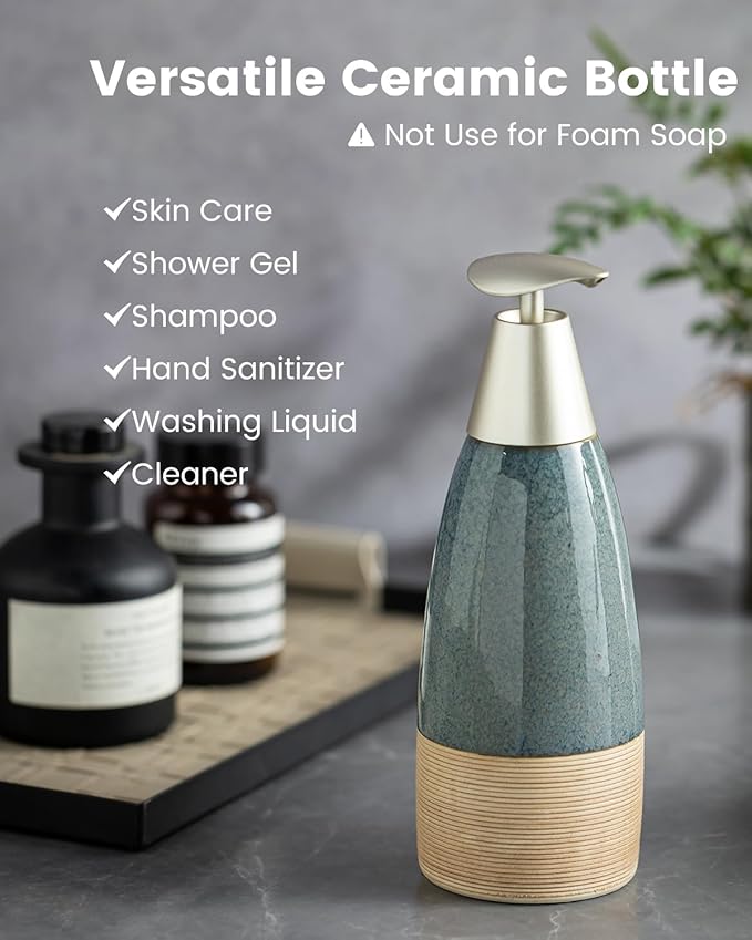 12 oz Dish Soap Dispenser with 2 Pumps, Ceramic Hand Soap Bottle for Shampoo, Body Wash, Lotion, Liquid Dispenser for Kitchen Countertop with Silicone Funnel, Ideal for Thanksgiving, Christmas, Blue