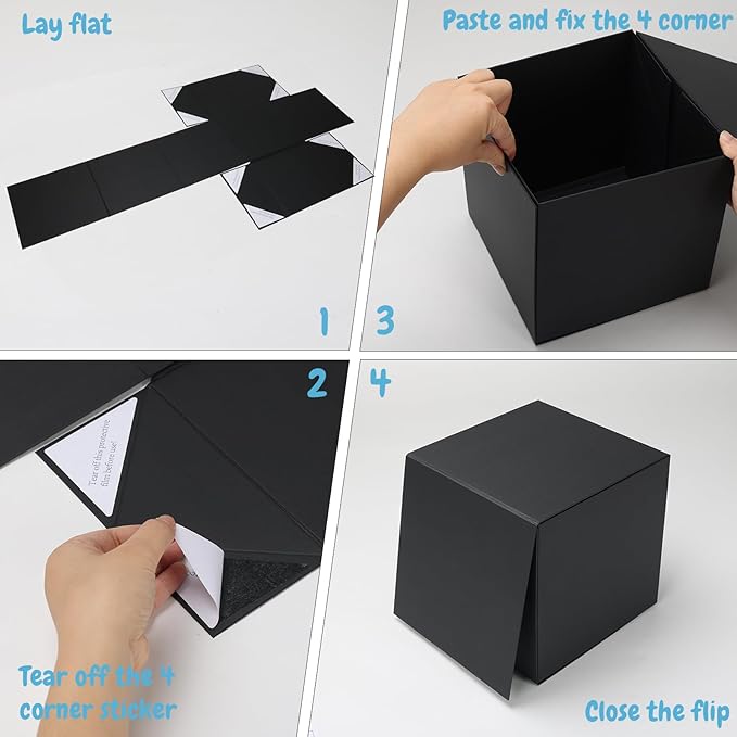 Schliersee 8x8x8 Gift Box with Lids Magnetic Closure Set of 4, Black Square Gift Wrap Boxes for Wedding, Birthday