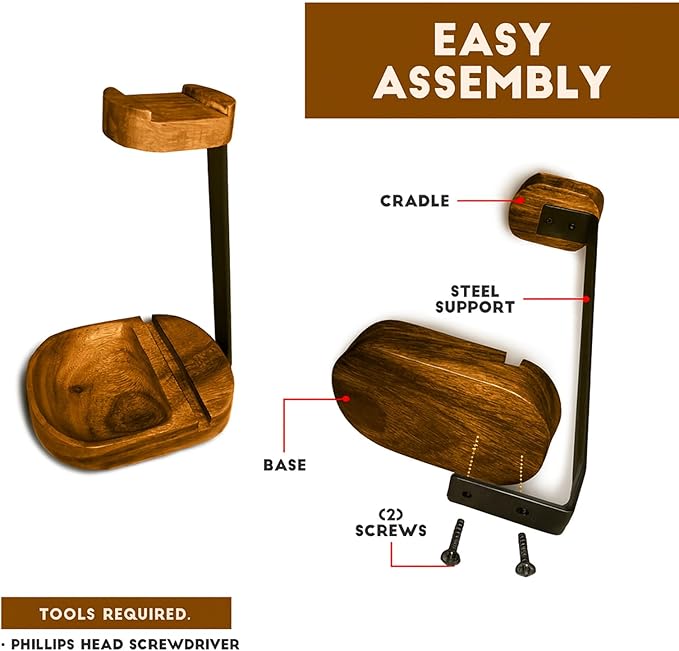 Acacia Wood Headphone & Phone Stand with Tray – Dual Device Holder Desk Organizer for Over-Ear Headphones & Mobile Phone, Gaming Setup, Workstation, Stylish Wooden Catchall