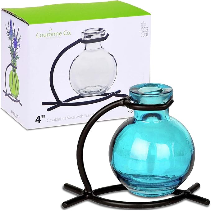 Couronne Company M501-200-09 Casablanca Recycled Glass Vase & Metal Stand, 4", Aqua, 1 Piece