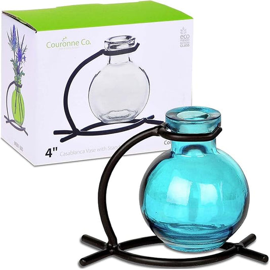 Couronne Company M501-200-09 Casablanca Recycled Glass Vase & Metal Stand, 4", Aqua, 1 Piece