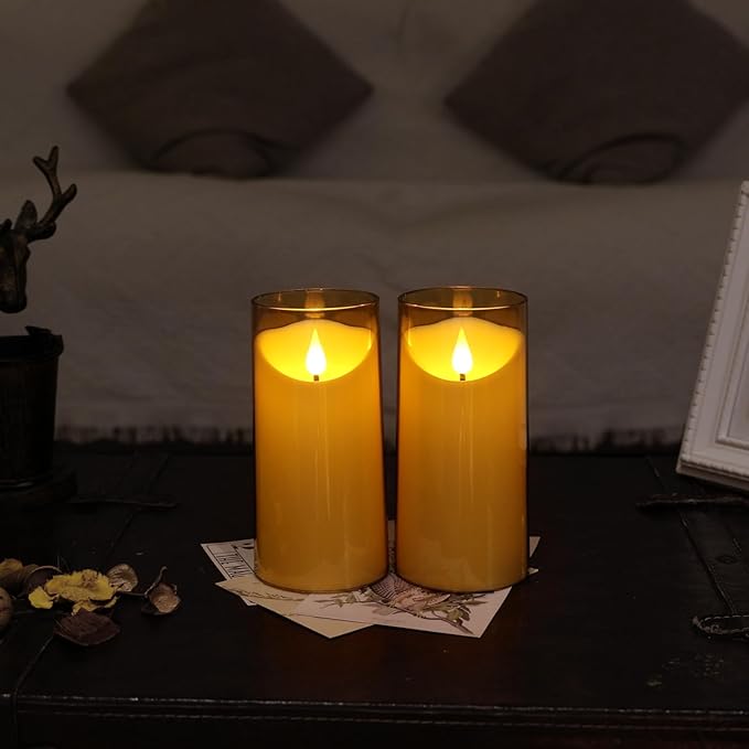 NURADA Flameless Candles with Remote Timer: 3D Wick Battery Operated Led Pillar Acrylic Fake Candle Set for Home Decoration Romantic Ambiance - Gold 2 Pack