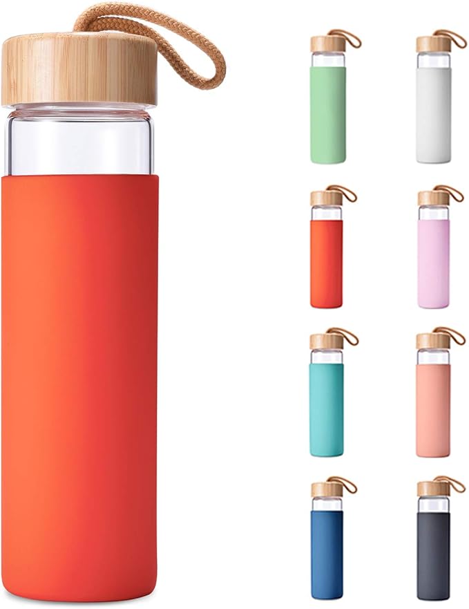 20 Oz Borosilicate Glass Water Bottles with Silicone Sleeve BPA Free, Dishwasher Safe - Reusable Clear Glass Drinking with Leak Proof Bamboo Lid | Perfect Gym Water Bottles for Men & Women