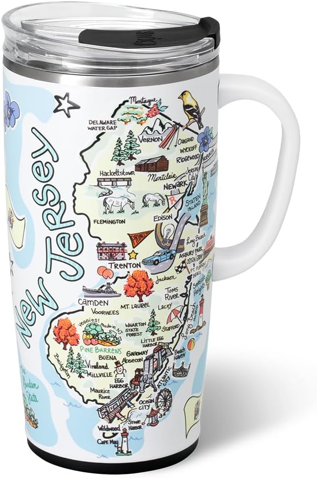 Swig Life 22oz Travel Mug, Insulated Tumbler with Handle and Lid, Travel Coffee Mug, Cup Holder Friendly, Stainless Steel 22 oz Tumbler, Reusable Insulated with Lid (New Jersey)