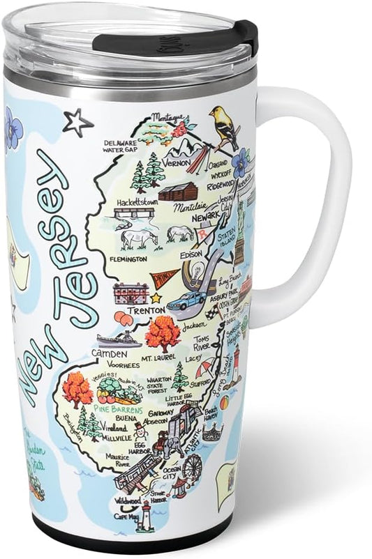 Swig Life 22oz Travel Mug, Insulated Tumbler with Handle and Lid, Travel Coffee Mug, Cup Holder Friendly, Stainless Steel 22 oz Tumbler, Reusable Insulated with Lid (New Jersey)