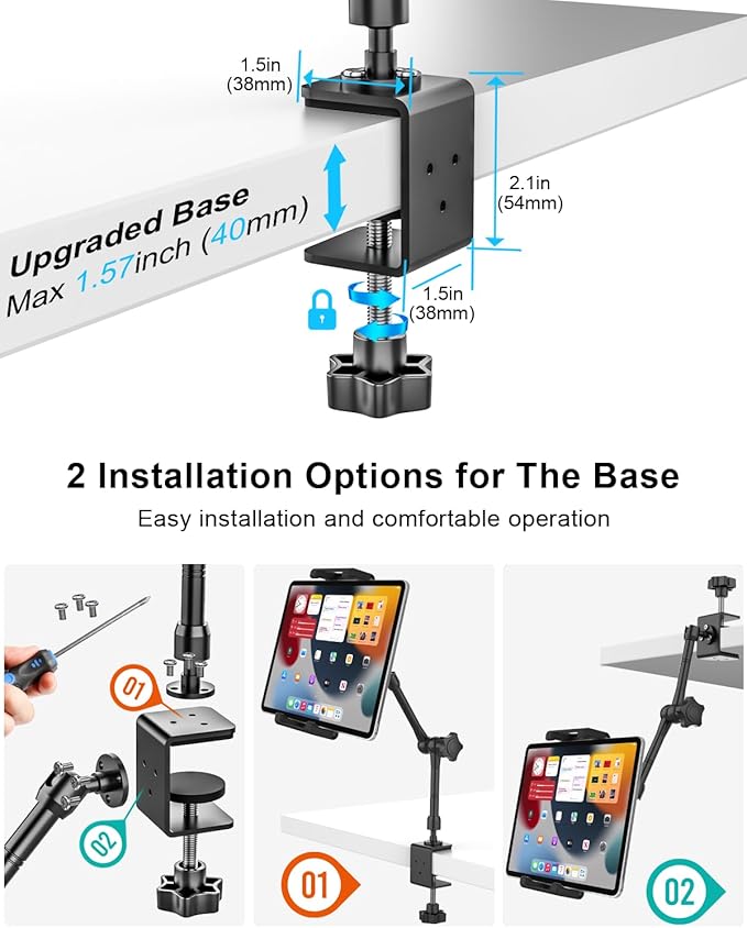 Aluminum Tablet Stand Holder for Desk Mount - [Small Portable] Tablet Holder for Kitchen, Bed Clip with 1.26" Depth Large Clamp for iPad Pro 13 Air Mini, Galaxy, Fire, Switch, iPhone, 6-15.6" Devices