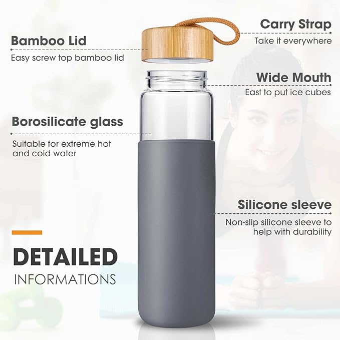 25 Oz Borosilicate Glass Water Bottles with Silicone Sleeve BPA Free, Dishwasher Safe - Reusable Clear Glass Drinking with Leak Proof Bamboo Lid | Perfect Gym Water Bottles for Men & Women