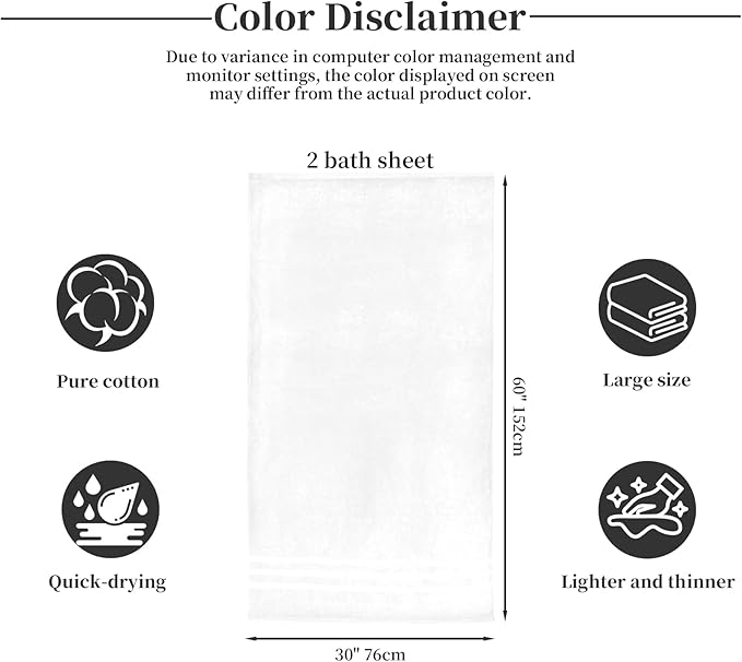 Cotton Bath Towel – Large 30x60 Inches, Soft, Thick & Absorbent Towel for Bathroom, Spa, or Home Use (White, 2 Pack – 30"x60")