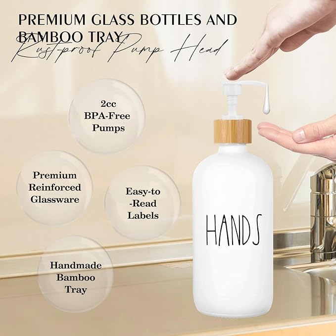 Arktek Glass Soap Dispenser Set with Tray, 2 Pack Hand and Dish Soap Dispenser Set for Bathroom and Kitchen Bottle Dispenser with Dish Soap, Hand Soap, Lotion 17 Oz (2 White)