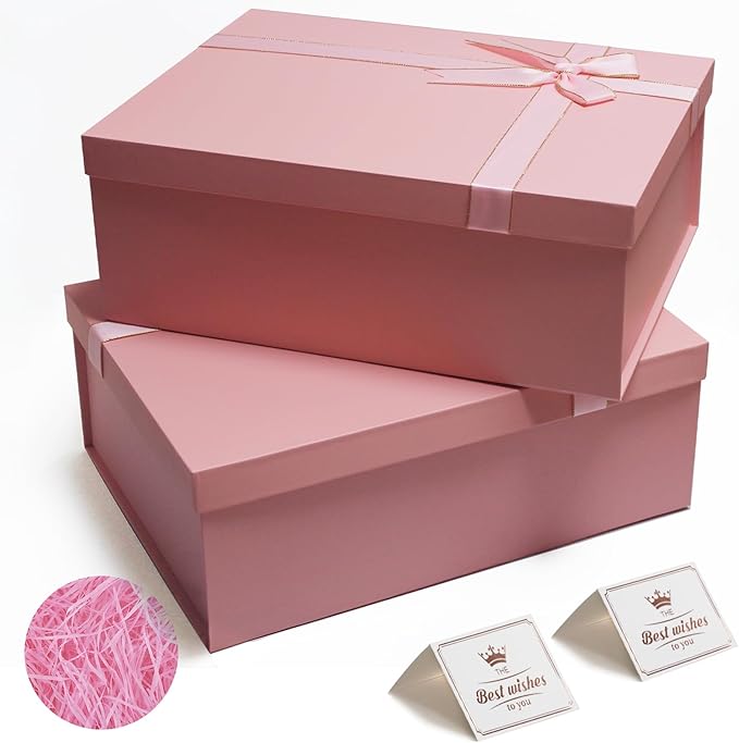 Pink Gift Box, 13"x10"x5" Large Gift Boxes, 2 Pack Foldable Gift Boxes with Lids for Presents, Versatile Empty Gift Box for Birthday, Anniversaries, Weddings, Any Occasion