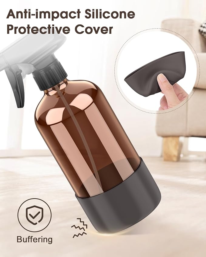 Glass Spray Bottle with Silicone Sleeve Protection, Amber Glass Spray Bottle Set for Window Cleaner Aromatherapy Facial Hydration Watering Flowers Hair Care 2 Pack/16 oz (Grey, 16 oz)