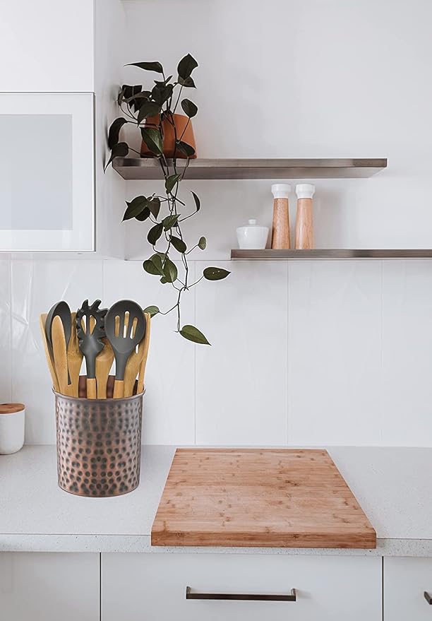 Monarch Abode Hand Hammered Kitchen Utensil Holder for Kitchen Counter, Spatula, and Large or Small Spoon Holder, Decorative Cooking Utensil Crock Organizer for Countertop, Antique Copper Finish