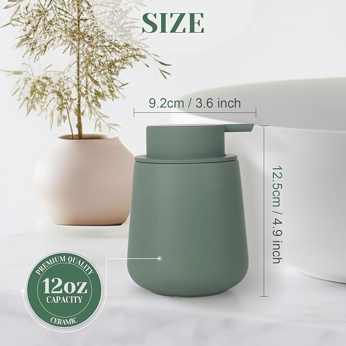 INGOFIN Ceramic Foaming Soap Dispenser - 12oz Foam Hand Soap Dispenser Bathroom, Modern Dish Soap Bottle with Pump for Kitchen, Matte Green