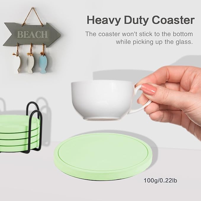 Azhou 6Pcs Drink Coaster with Holder, Green Absorbent Coasters for Drinks, Non-Slip with Velvet Bottom, Thick Heavy Duty 4 inch Ceramic Coasters, Home Decor Coffee Bar Accessories