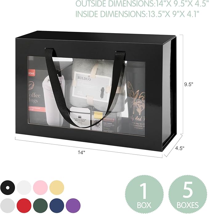 JINGUAN Large Black Clear Gift Boxes, 13.5x9x4.1 Inches, 5 Pack with Windows by Handles, Magnetic Closure, Suitable for Any Occasion