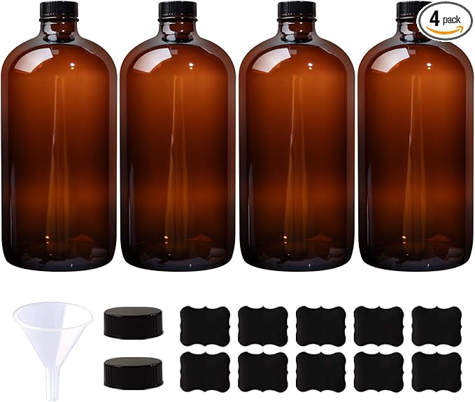4 Pack 32 oz Amber Boston Round Glass Bottles with Black Caps for Secondary Kombucha Fermentation and Lab Chemicals (1 Funnel and 10 Pieces Black Chalkboard Labels Included)