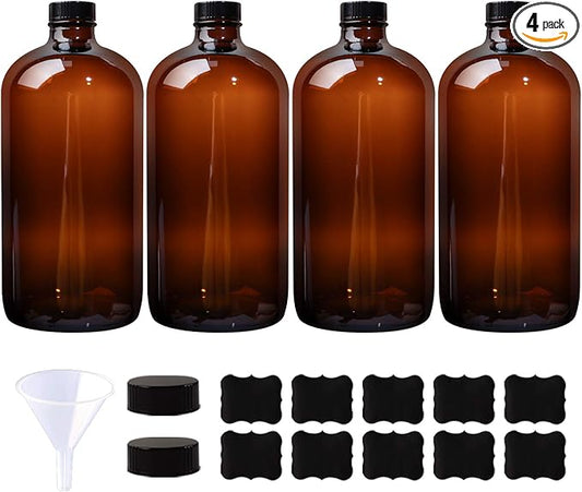 4 Pack 32 oz Amber Boston Round Glass Bottles with Black Caps for Secondary Kombucha Fermentation and Lab Chemicals (1 Funnel and 10 Pieces Black Chalkboard Labels Included)