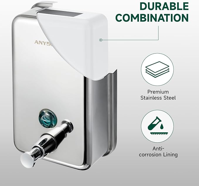 Commercial-Grade Manual Soap Dispenser, Durable Polished Stainless Steel Finish, 37oz (1100ml), Wall-Mounted for Bathroom & Kitchen