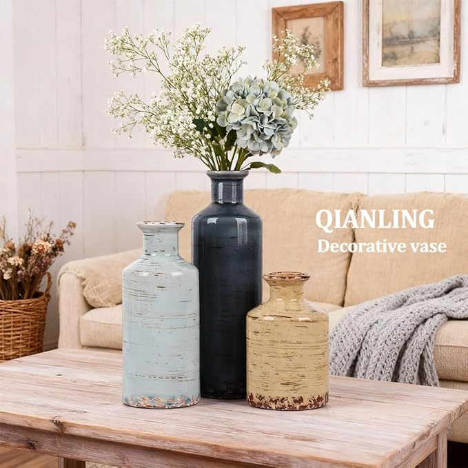 Ceramic Vase Set of 3-3 Neutral Vases Home Decor, Farmhouse Country Flower Vase, Vases for Centerpieces, Living Room Decoration, Table Decoration, Fireplace Decor, and Entrance Decorations